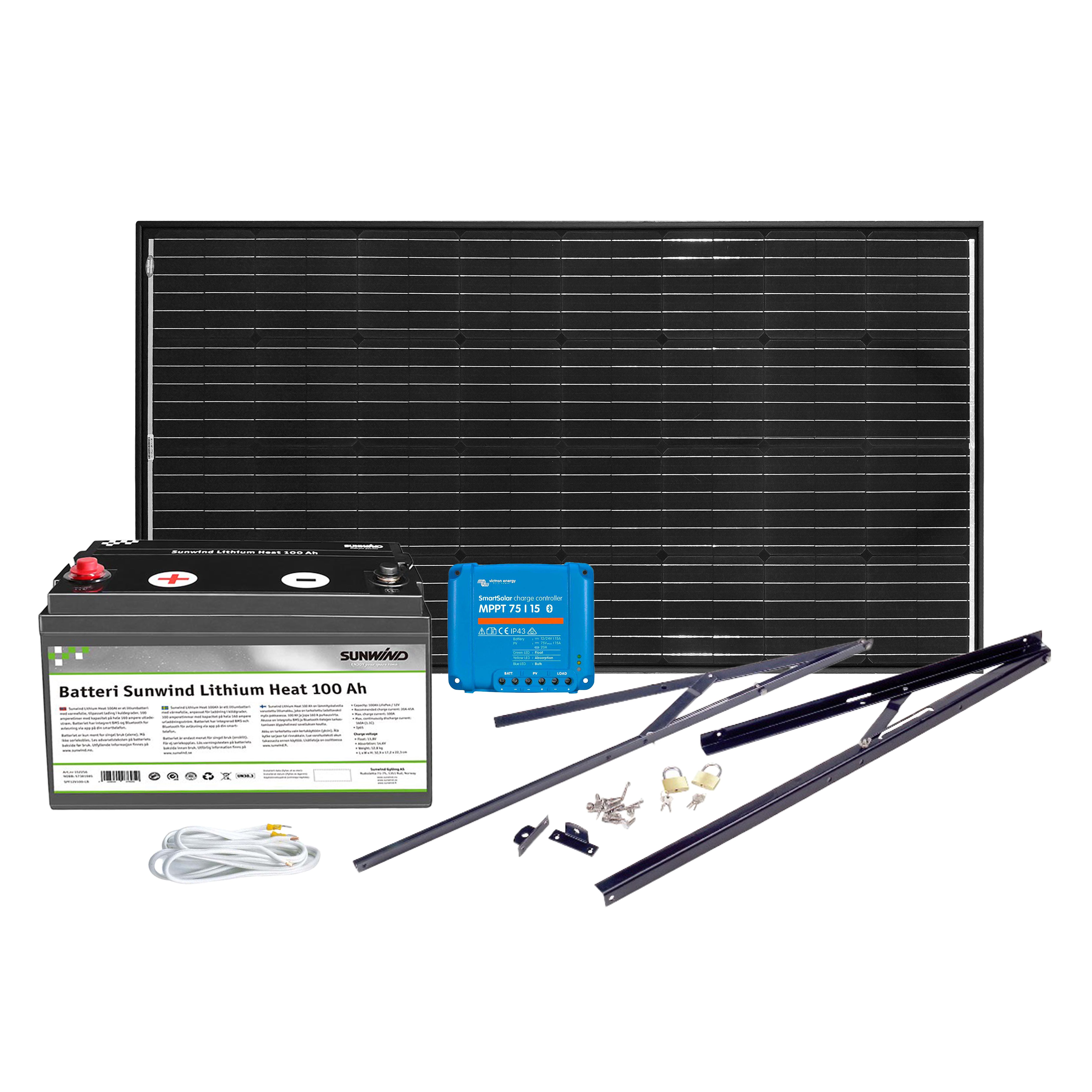 Solcelleanlegg 12V, 185 watt, litium heat 100At